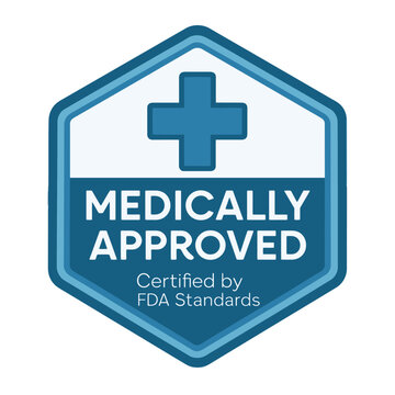 This image features a medically approved badge, certified by fda standards with a cross symbol. Modern flat vector sticker label with icon and badge style, transparent background