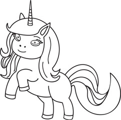 Unicorn cute outline hand-drawn illustration Great for kids coloring books, baby shower invitation, childrens birthday cards Simple design minimalist line art Fairy tale character