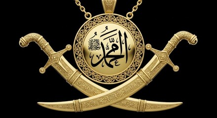 Islamic symbol with crossed swords and arabic calligraphy isolated on white background