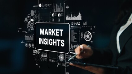 Professional Businesswoman Analyzing Market Insights with Digital Graphics and Data Visualizations...