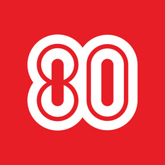 80. Number 80 design. Number 80 design illustration. Eighty text design on a red background.