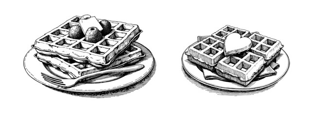 Vintage black pen sketch of Viennese waffles on a plate  