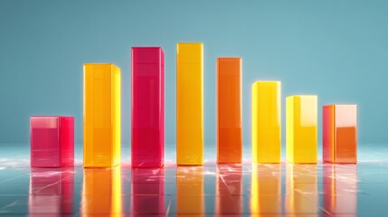 A dynamic D bar chart with vibrant colors, depicting positive growth trends with each bar having a reflective surface, symbolizing business progress