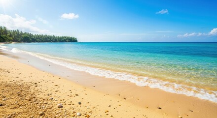 Illustration of a pristine tropical beach with turquoise water and golden sand offers a tranquil escape
