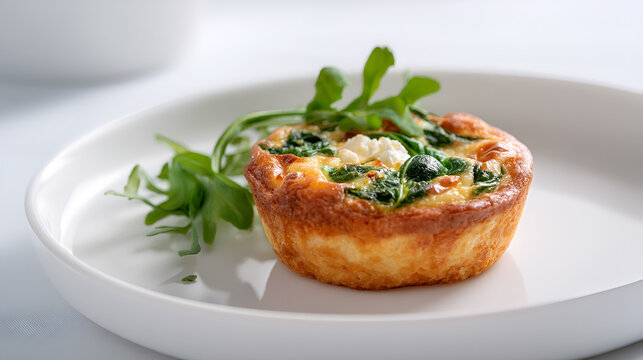 Savory spinach and cheese mini quiche topped with fresh greens, presented on a modern white dish.