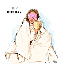 Beautiful woman holding coffee cup and sitting wrapped in blanket. Hello Monday concept. Vector illustration 