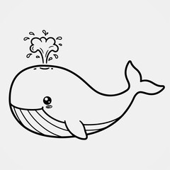 Obraz premium Happy cartoon whale splashing water from its blowhole in cute outlined drawing perfect for kids marine coloring books and activities