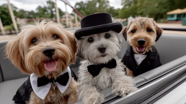 Three cheerful golden retrievers in top hats and bow ties ride a roller coaster, showcasing their playful spirit and stylish looks