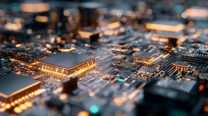 A close-up of computer circuits or a microchip, with glowing lights and futuristic elements, representing technology and data. 