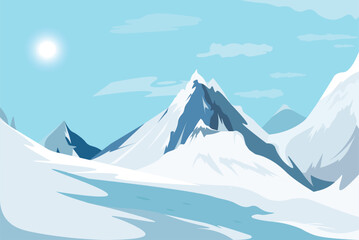 Snow-covered mountain peaks with a bright sun and soft clouds in the sky, flat graphic style on a clear blue background. Winter nature concept. Vector illustration