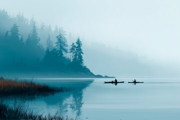 Two kayakers navigate through a tranquil, misty lake surrounded by towering trees, creating a serene atmosphere that evokes peaceful exploration.