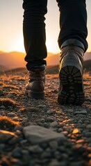 Hiking boots walking on rocky trail towards sunset landscape