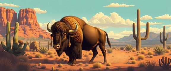 Vintage illustration of a bison in a rodeo setting amidst cacti and badlands , graphic, old west