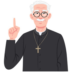 Elderly Priest Pointing Up Character Design Cartoon Vector Illustration
