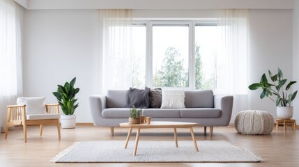 Fototapeta premium bright minimalist living room interior, white walls, light wood furniture, soft grey sofa, large windows, indoor plants, cozy rug, calm and elegant atmosphere