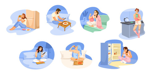 People enjoying snacks and drinks in relaxed home environments, wearing casual clothes, sitting or lounging indoors. Concept of comfort food. Vector illustration