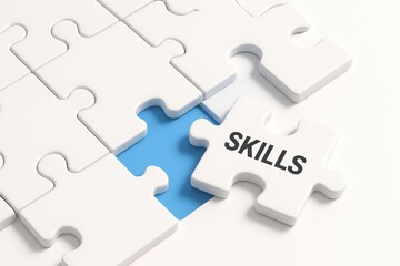 Skills Puzzle Solution: A photorealistic visual of a puzzle with the word SKILLS on a piece, perfectly fitting into the empty space, symbolizing the importance of skills