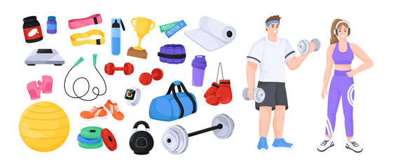 Gym and fitness gear including dumbbells, kettlebell, gloves, and accessories with male and female characters on a white background. Vector illustration