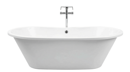 Empty white bathtub with faucet isolated on transparent background