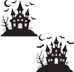 Spooky Halloween Haunted House Silhouettes with Bats, Moon, and Creepy Trees – Perfect for Halloween Decorations and Themed Designs