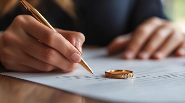 A person signs a document with a pen next to a gold wedding ring resting on the paper.