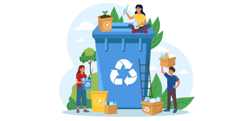Group of people separating recyclable items like glass and paper near a big blue recycling bin, flat graphic style, outdoor background, concept of environmental awareness. Vector illustration
