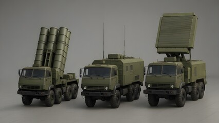 Obraz premium Short-Range SAM Launcher, Command Vehicle & Radar Truck — Studio Lineup Render