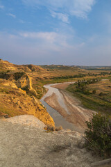 View from Wind Canyon Trail in Theodore Roosevelt National Park at golden hour