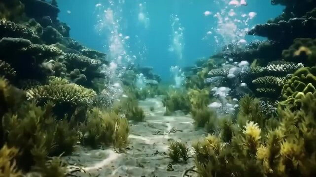 Loopable Footage Underwater ocean floor path, bubbles rising, coral reef background, marine life screensaver
