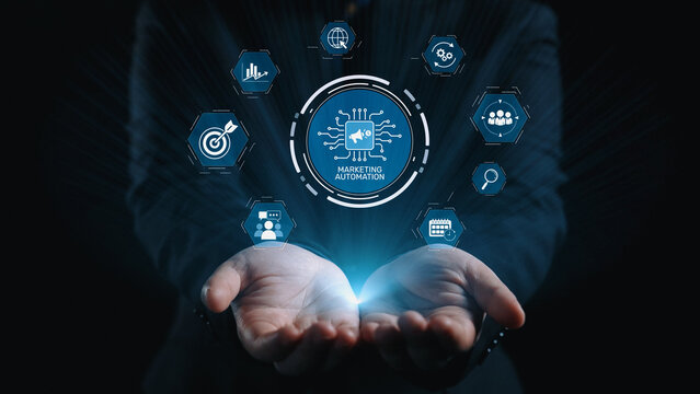 Marketing automation diagram showcase AI-driven campaign workflow, highlight marketing automation, data-driven strategy, marketing automation tools, and market automation process in business. Elide - Powered by Adobe