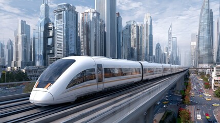Naklejka premium A futuristic high-speed train gliding smoothly on elevated tracks above a bustling city, with skyscrapers and urban life below.