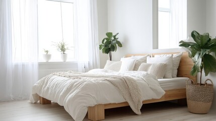 minimalistic bright bedroom interior, white linen bedding, wooden bed frame, natural light through sheer curtains, warm tones