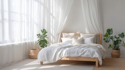 minimalistic bright bedroom interior, white linen bedding, wooden bed frame, natural light through sheer curtains, warm tones, indoor plant in corner
