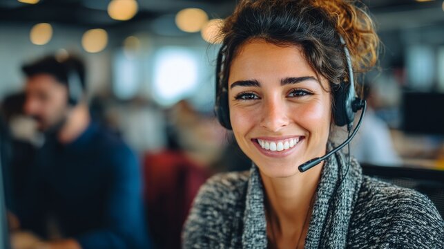 A customer service representative talking on a headset, smiling and helping a client, in a modern call center setting.