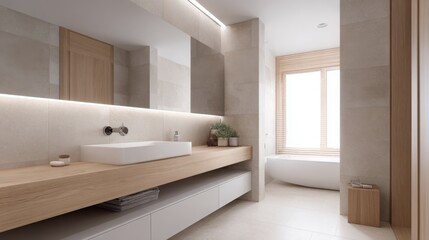 modern minimal bathroom interior, light stone tiles, large mirror, soft natural lighting, white sink, wooden elements, minimal decor, clean 