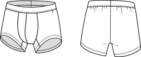 Vector men’s boxer briefs template, front and back technical sketch, underwear flat design, modern fitted boxer shorts fashion illustration