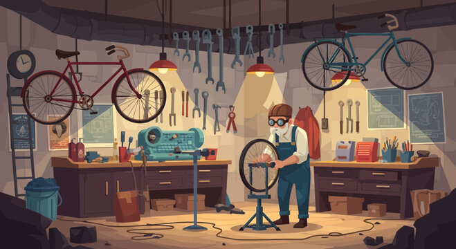 Illustration of a man repairing a bicycle wheel in a vintage workshop setting full of tools and
