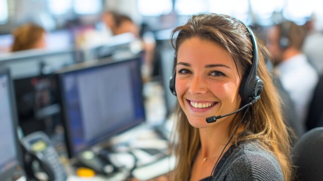 A customer service representative talking on a headset, smiling and helping a client, in a modern call center setting.