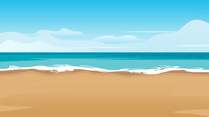 Tropical beach with soft waves, golden sand, and a calm sea under a clear blue sky. Vector illustration.