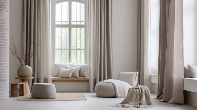 soft minimalist interior with linen curtains, cotton throws, neutral beige palette, natural light, calm - Powered by Adobe