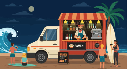 Coastal Ramen Truck Scene with People Enjoying Food and Surf Culture at Night