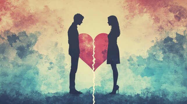 A silhouette of a man and woman face each other with a large torn heart between them, symbolizing heartbreak and emotional separation.