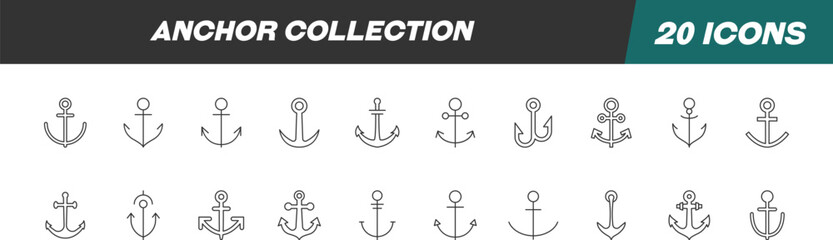 Collection of Line Signs of anchor. Suitable for books, stores, shops. Editable stroke in minimalistic outline style. Symbol for design