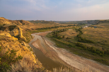View from Wind Canyon Trail in Theodore Roosevelt National Park at golden hour