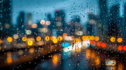 Obraz premium Raindrops on Window with Blurred City Lights at Night Capturing the Essence of Urban Moodiness and Tranquility