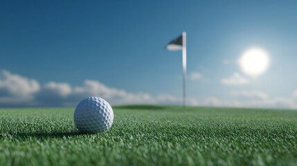 Obraz premium A golf ball just inches away from the hole on a beautifully kept green, with the flag standing tall under a bright, cloudless sky.