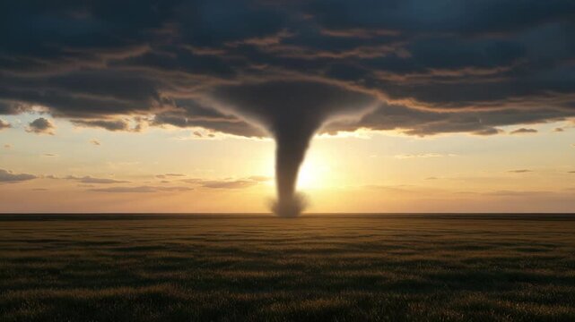Tornado forming in wide open field at sunset with dramatic clouds  