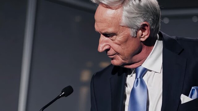 Man in suit and tie. Politician in a suit speaking to the crowd. Male public address in a microphone. A man dressed in formal attire with a necktie lifestyle.