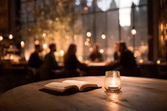 literary coffee talks, book club meet in a cozy cafe, people chatting with books, surrounded by warm tones