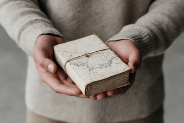 Fototapeta premium vintage book collection, close-up of someone holding an old novel with a worn cover and hand-written annotations